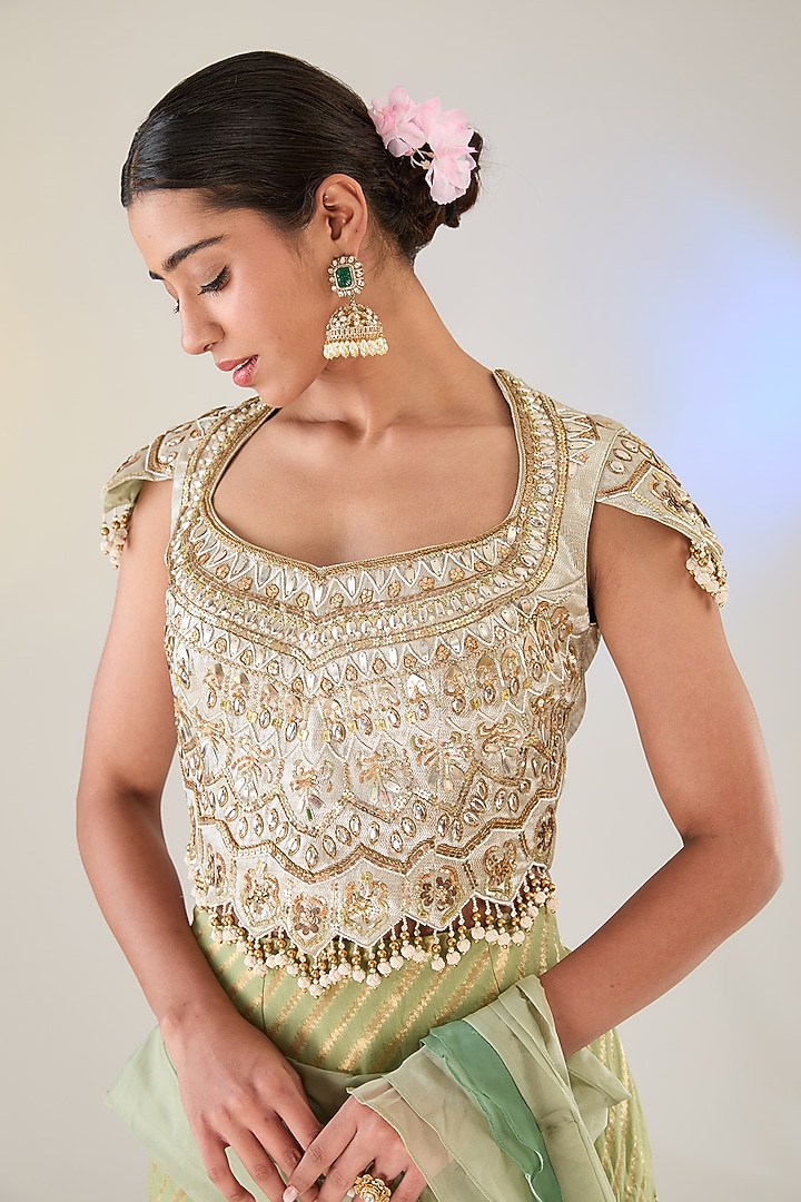 Green Tissue Reception Lehenga Saree Set by Pankaj S Heritage at Pernia's Pop Up Shop