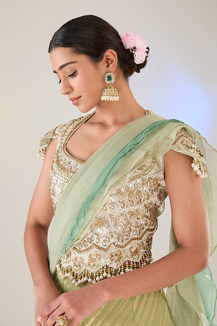 Green Tissue Reception Lehenga Saree Set by Pankaj S Heritage at Pernia's Pop Up Shop