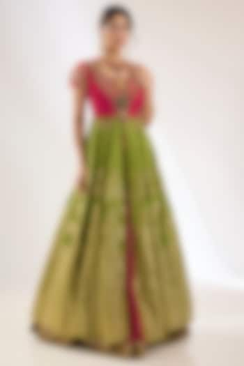 Green Raw Silk & Banarasi Brocade Cutwork Embellished Anarkali Set by Pankaj S Heritage at Pernia's Pop Up Shop