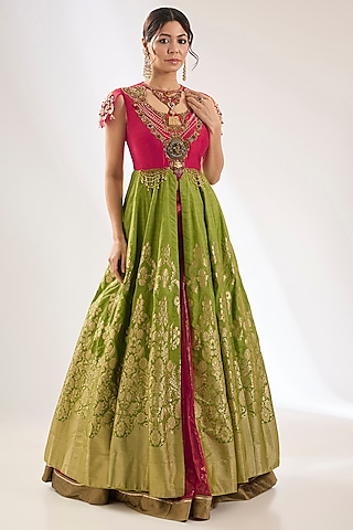 Green Raw Silk & Banarasi Brocade Cutwork Embellished Anarkali Set by Pankaj S Heritage