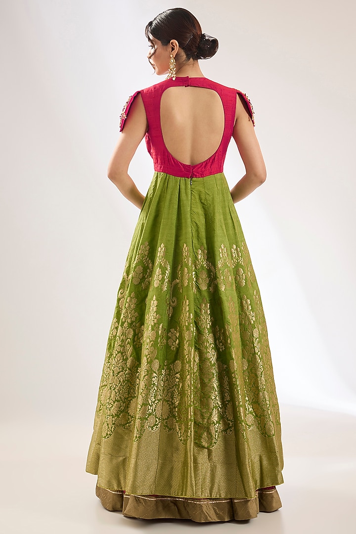 Green Raw Silk & Banarasi Brocade Cutwork Embellished Bridal Anarkali Set by Pankaj S Heritage at Pernia's Pop Up Shop