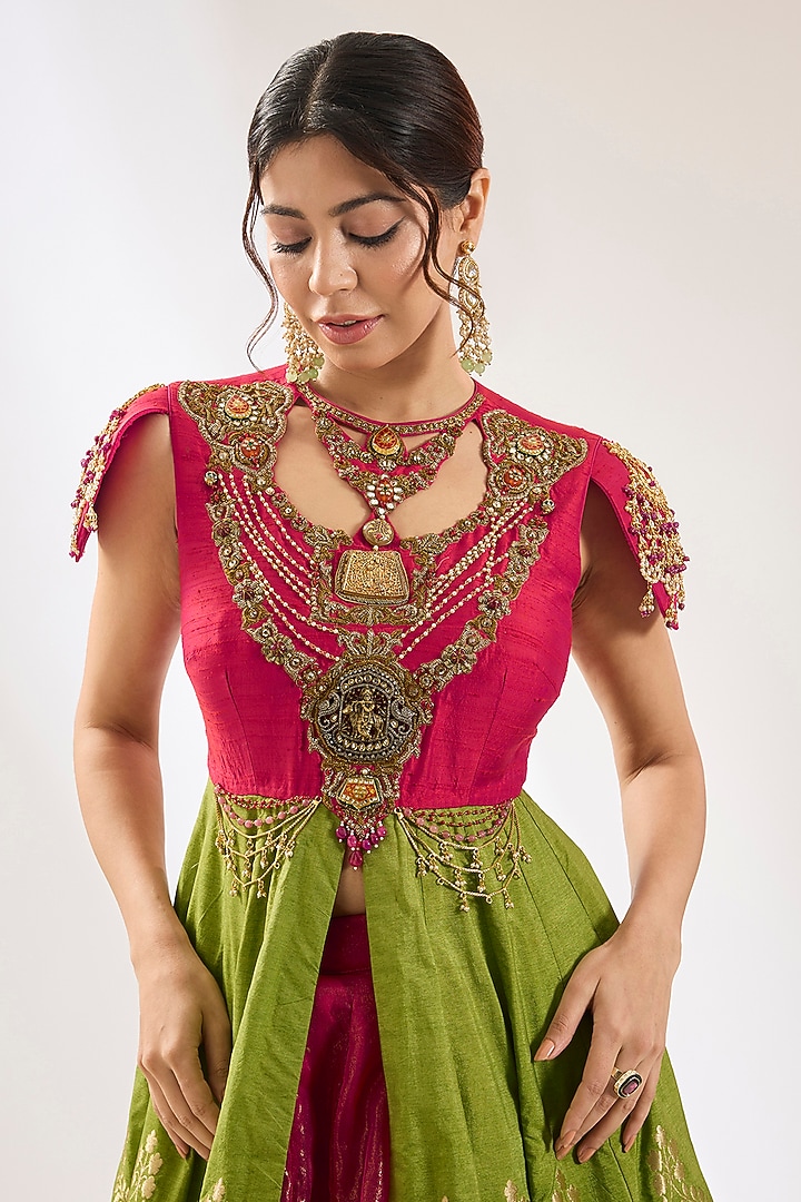Green Raw Silk & Banarasi Brocade Cutwork Embellished Bridal Anarkali Set by Pankaj S Heritage at Pernia's Pop Up Shop
