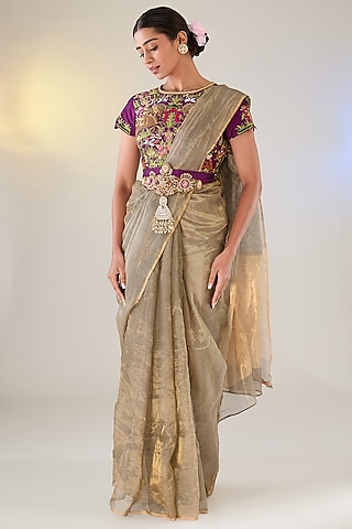 Grey Banarasi Tissue Saree Set by Pankaj S Heritage