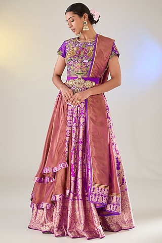Purple Silk Banarasi Layered Lehenga Set by Pankaj S Heritage