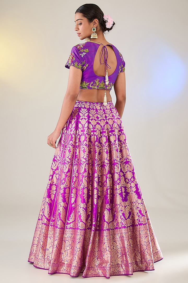 Purple Silk Banarasi Layered Wedding Lehenga Set by Pankaj S Heritage at Pernia's Pop Up Shop