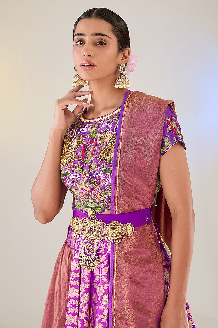 Purple Silk Banarasi Layered Wedding Lehenga Set by Pankaj S Heritage at Pernia's Pop Up Shop