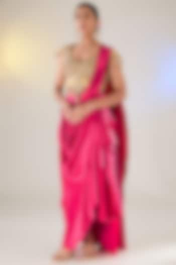 Red Satin Draped Saree Set by Pankaj S Heritage at Pernia's Pop Up Shop