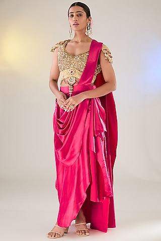 Red Satin Draped Saree Set by Pankaj S Heritage