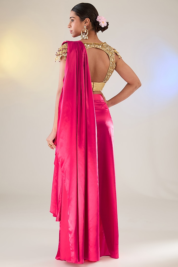 Red Satin Draped Reception Saree Set by Pankaj S Heritage at Pernia's Pop Up Shop
