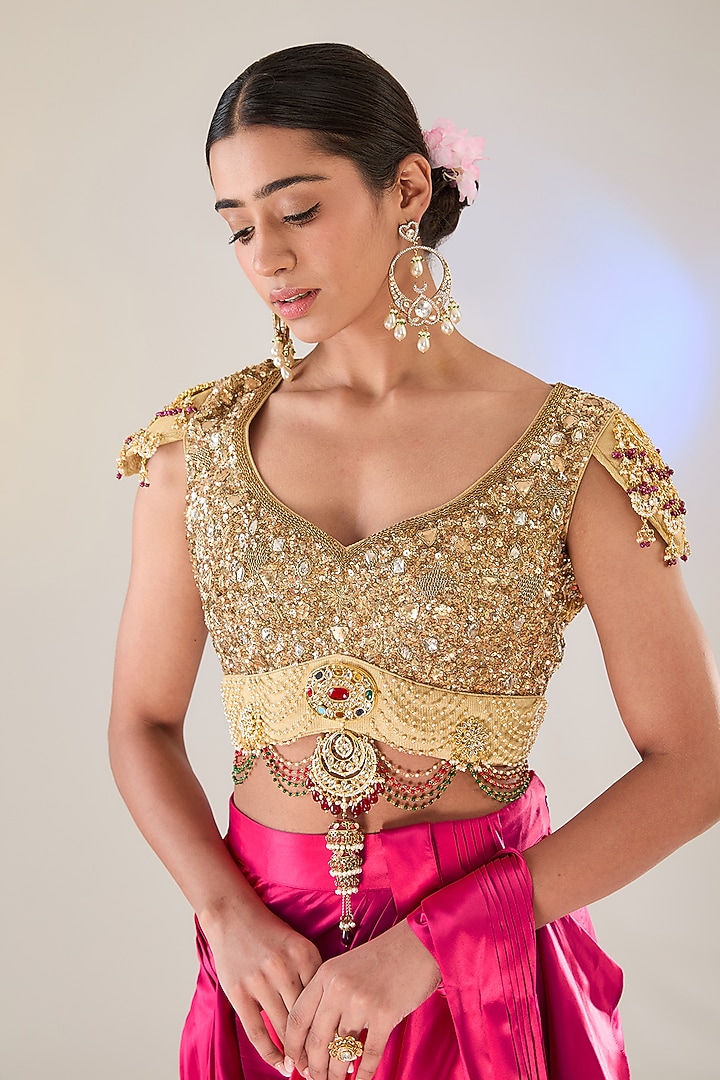 Red Satin Draped Reception Saree Set by Pankaj S Heritage at Pernia's Pop Up Shop