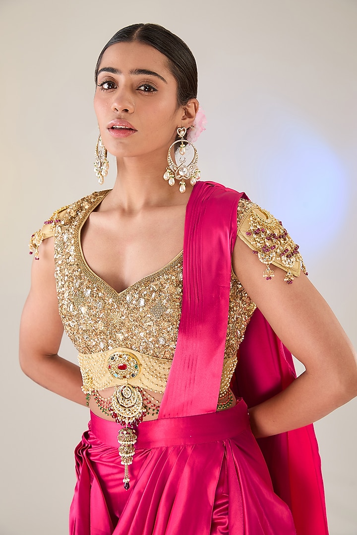 Red Satin Draped Reception Saree Set by Pankaj S Heritage at Pernia's Pop Up Shop