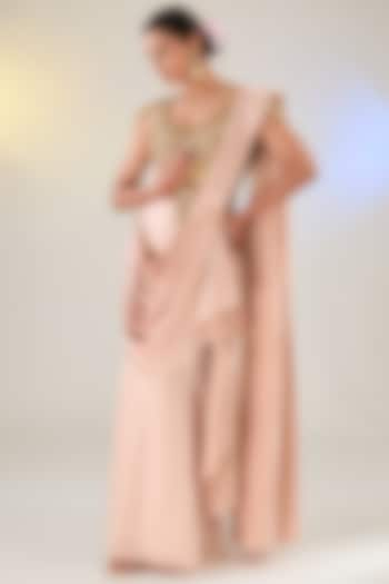 Peach Satin Draped Saree Set by Pankaj S Heritage at Pernia's Pop Up Shop