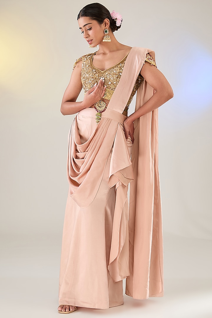 Peach Satin Draped Saree Set by Pankaj S Heritage at Pernia's Pop Up Shop