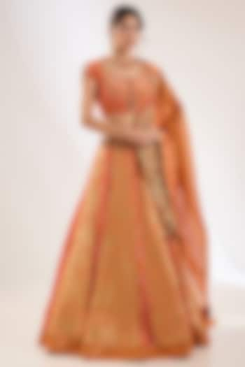 Orange Silk & Bandhani Zardosi Embroidered Bridal Lehenga Set by Pankaj S Heritage at Pernia's Pop Up Shop