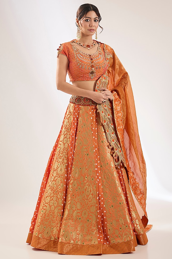 Orange Silk & Bandhani Zardosi Embroidered Bridal Lehenga Set by Pankaj S Heritage at Pernia's Pop Up Shop