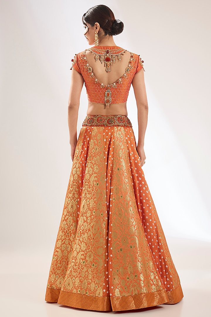 Orange Silk & Bandhani Zardosi Embroidered Bridal Lehenga Set by Pankaj S Heritage at Pernia's Pop Up Shop