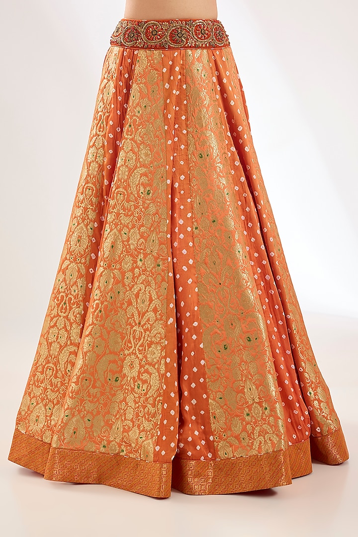 Orange Silk & Bandhani Zardosi Embroidered Bridal Lehenga Set by Pankaj S Heritage at Pernia's Pop Up Shop