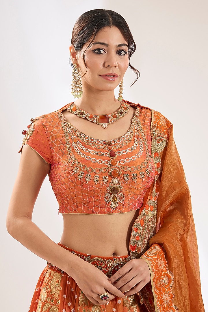 Orange Silk & Bandhani Zardosi Embroidered Bridal Lehenga Set by Pankaj S Heritage at Pernia's Pop Up Shop