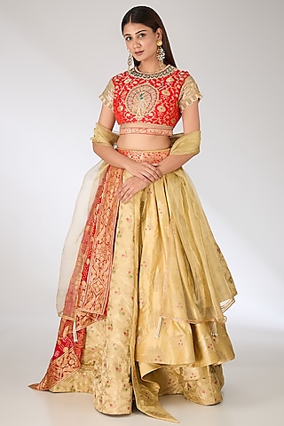 Gold Banarasi Silk Lehenga Set by Pankaj S Heritage