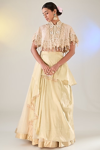 Ivory Tissue Draped Layered Lehenga Set by Pankaj S Heritage