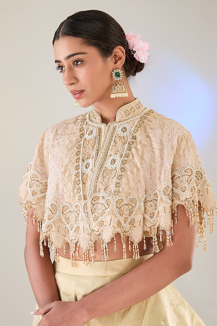 Ivory Tissue Draped Layered Bridal Lehenga Set by Pankaj S Heritage at Pernia's Pop Up Shop