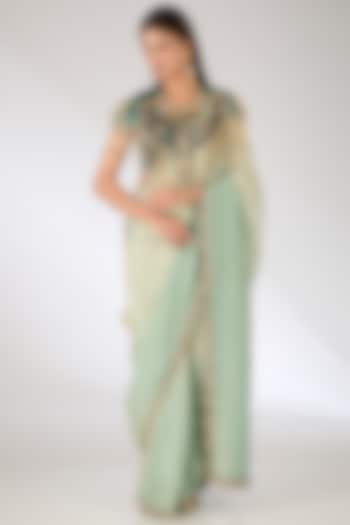 Green Tissue Georgette Embroidered Jacket Saree Set by Pankaj S Heritage at Pernia's Pop Up Shop