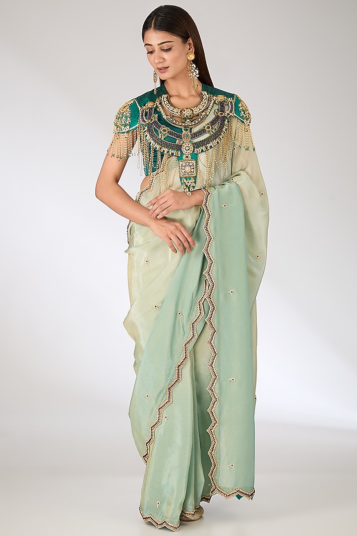 Green Tissue Georgette Embroidered Jacket Saree Set by Pankaj S Heritage at Pernia's Pop Up Shop