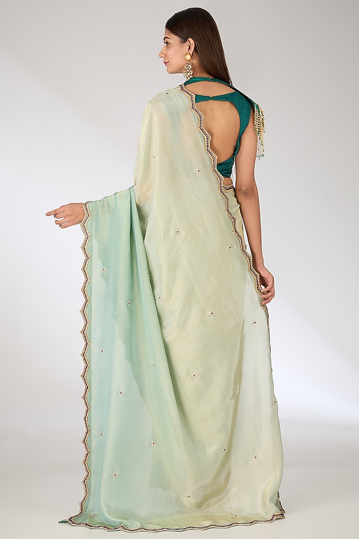 Green Tissue Georgette Embroidered Jacket Reception Saree Set by Pankaj S Heritage at Pernia's Pop Up Shop