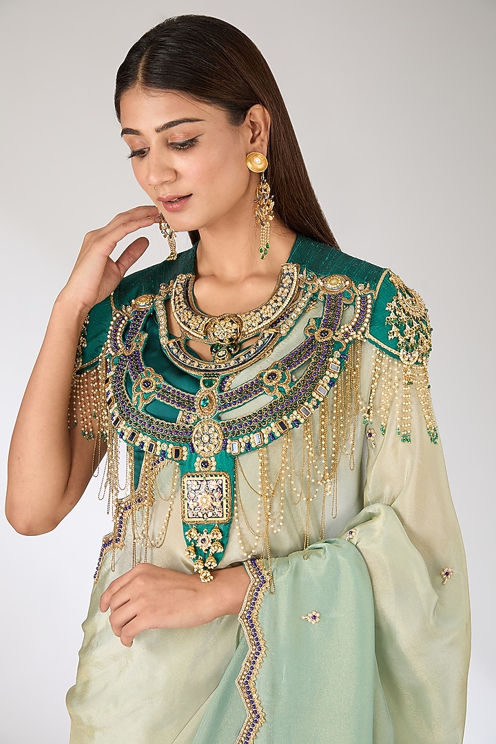 Green Tissue Georgette Embroidered Jacket Reception Saree Set by Pankaj S Heritage at Pernia's Pop Up Shop