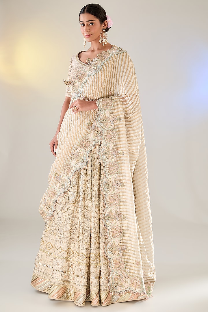 Ivory Georgette Cutdana Work Chikankari Bridal Lehenga Set by Pankaj S Heritage at Pernia's Pop Up Shop