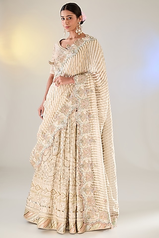 Ivory Georgette Cutdana Work Chikankari Lehenga Set by Pankaj S Heritage