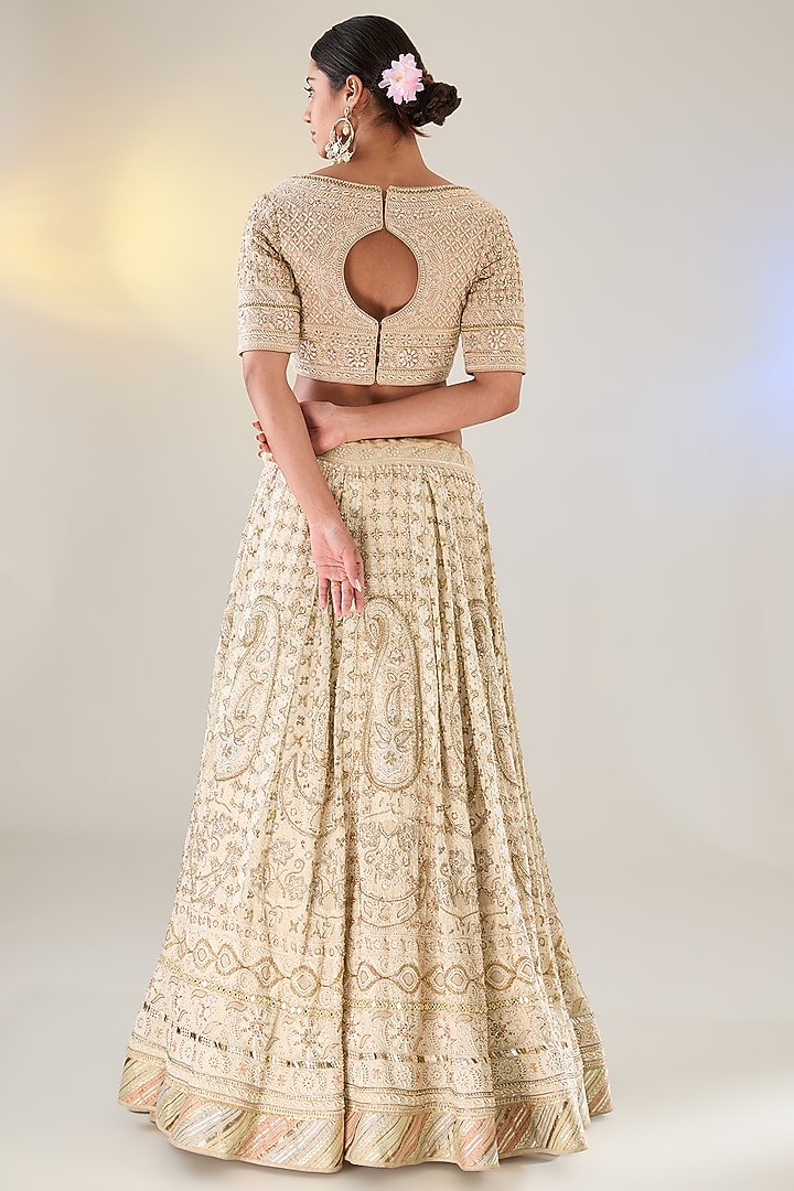 Ivory Georgette Cutdana Work Chikankari Bridal Lehenga Set by Pankaj S Heritage at Pernia's Pop Up Shop
