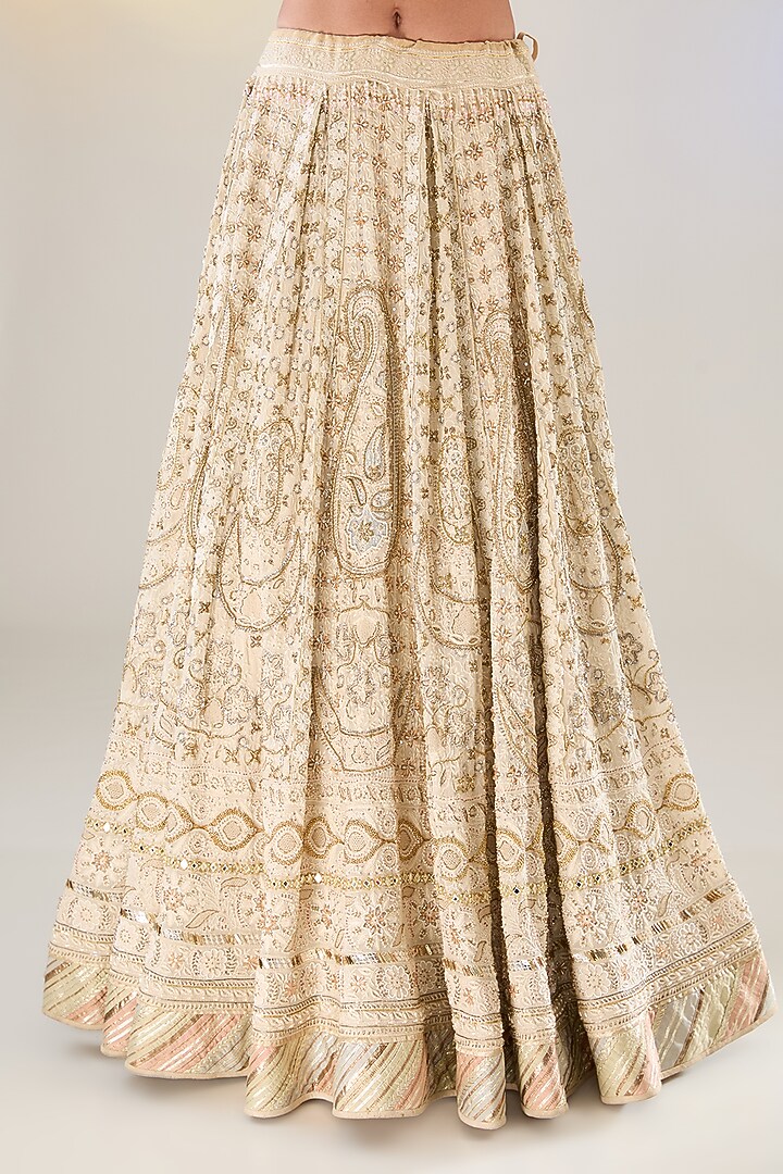 Ivory Georgette Cutdana Work Chikankari Bridal Lehenga Set by Pankaj S Heritage at Pernia's Pop Up Shop