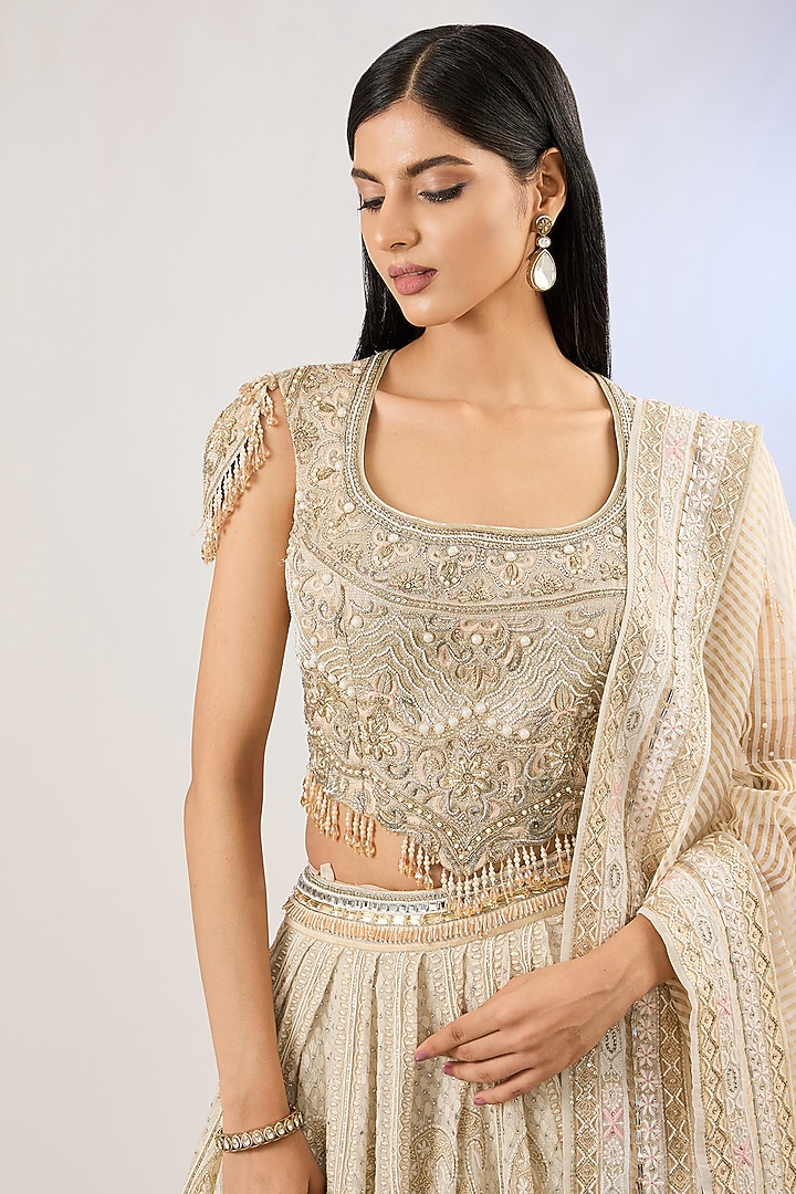 Ivory Pure Georgette Bridal Lehenga Set by Pankaj S Heritage at Pernia's Pop Up Shop