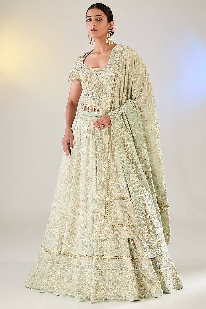 Jade Green Georgette Swarovski Work Chikankari Lehenga Set by Pankaj S Heritage