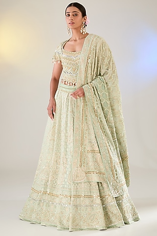 Jade Green Georgette Swarovski Work Chikankari Lehenga Set by Pankaj S Heritage
