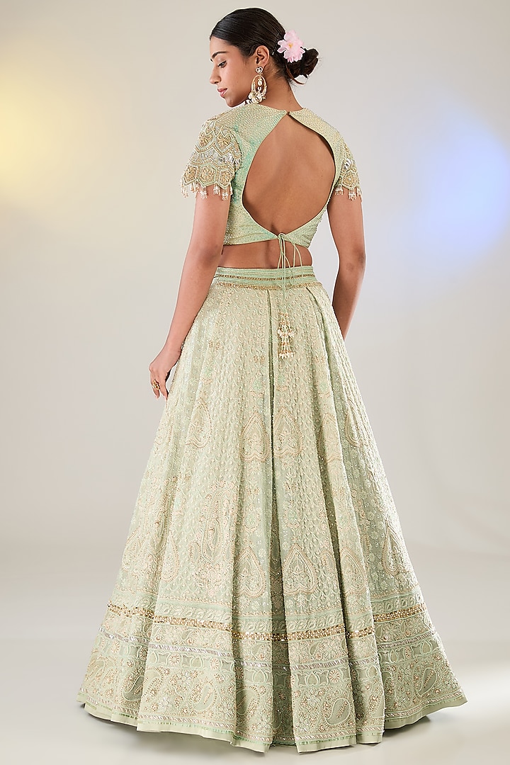 Jade Green Georgette Swarovski Work Chikankari Bridal Lehenga Set by Pankaj S Heritage at Pernia's Pop Up Shop