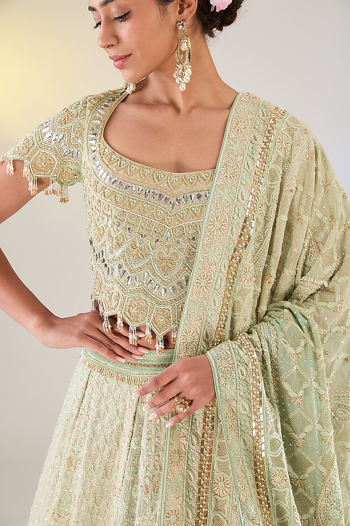 Jade Green Georgette Swarovski Work Chikankari Bridal Lehenga Set by Pankaj S Heritage at Pernia's Pop Up Shop