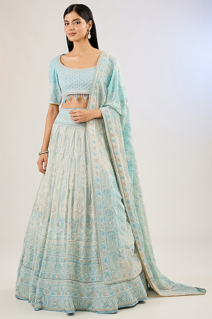 Aquamarine Pure Georgette Bridal Lehenga Set by Pankaj S Heritage at Pernia's Pop Up Shop