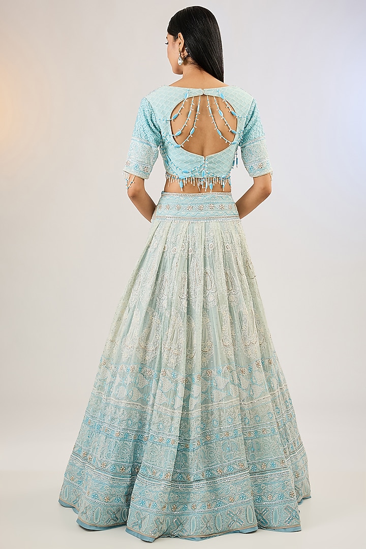 Aquamarine Pure Georgette Bridal Lehenga Set by Pankaj S Heritage at Pernia's Pop Up Shop