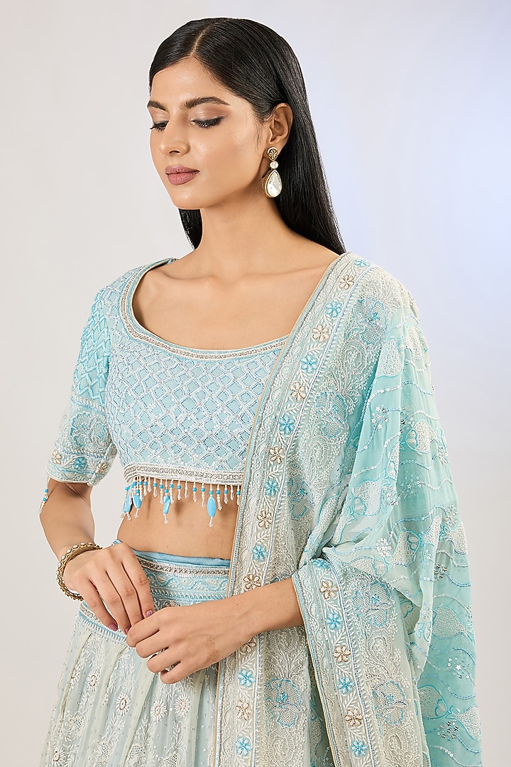 Aquamarine Pure Georgette Bridal Lehenga Set by Pankaj S Heritage at Pernia's Pop Up Shop