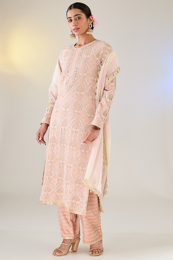 Blush Pink Georgette Cutdana Embroidered Chikankari Kurta Set by Pankaj S Heritage