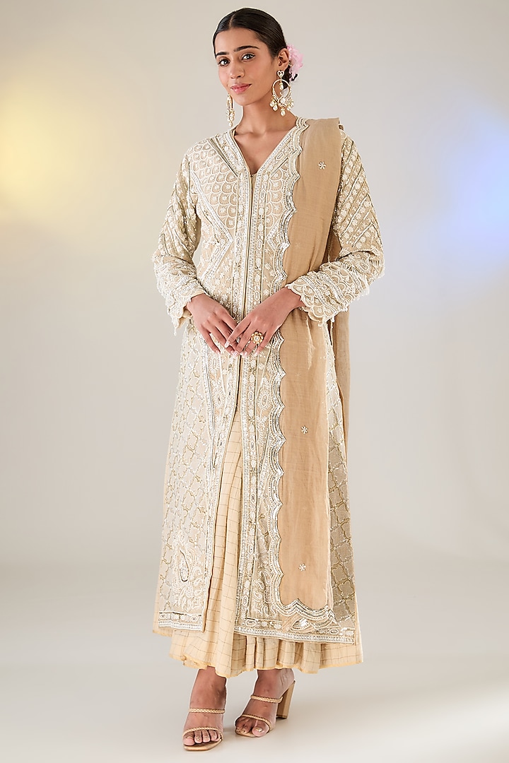 Ivory Mul Tissue Chikankari Work Jacket Set by Pankaj S Heritage at Pernia's Pop Up Shop