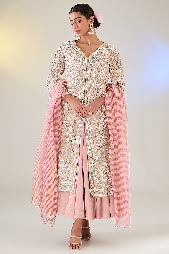 Blush Pink Mul Tissue Chikankari Work Jacket Set by Pankaj S Heritage at Pernia's Pop Up Shop