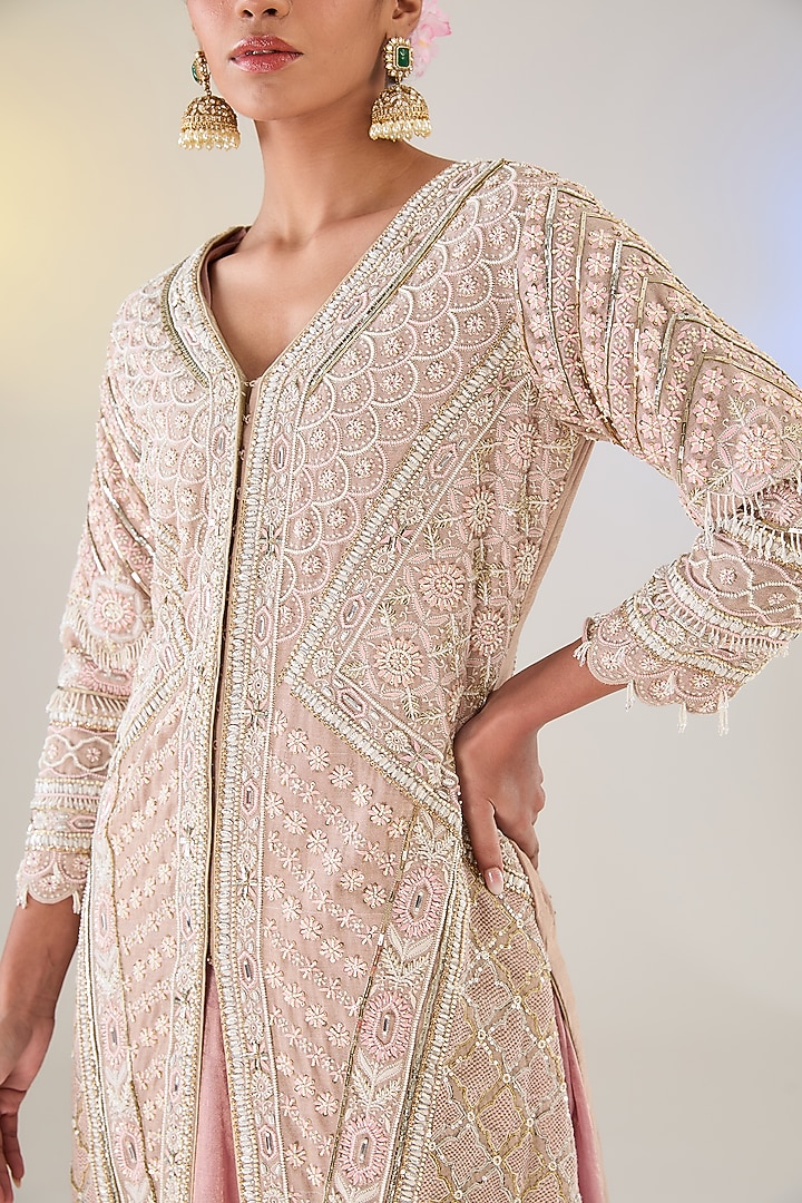 Blush Pink Mul Tissue Chikankari Work Jacket Set by Pankaj S Heritage at Pernia's Pop Up Shop