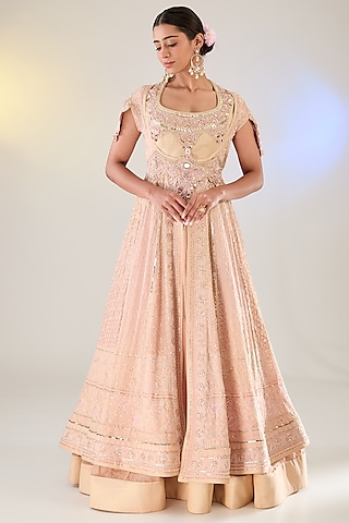 Calamine Pink Crushed Tissue Banarasi Lehenga Set by Pankaj S Heritage