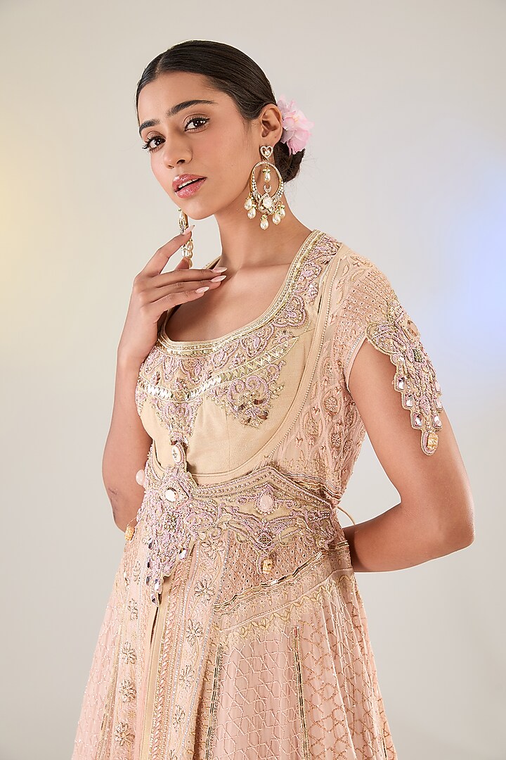 Calamine Pink Crushed Tissue Banarasi Bridal Lehenga Set by Pankaj S Heritage at Pernia's Pop Up Shop
