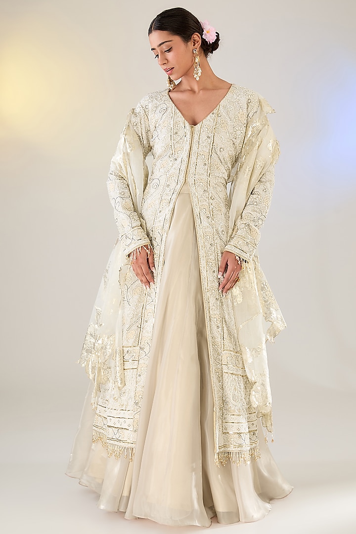 Ivory Pure Georgette Pearl Work Chikankari Jacket Set by Pankaj S Heritage at Pernia's Pop Up Shop