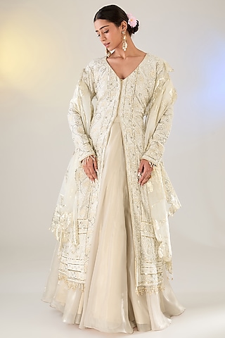 Ivory Pure Georgette Pearl Work Chikankari Jacket Set by Pankaj S Heritage