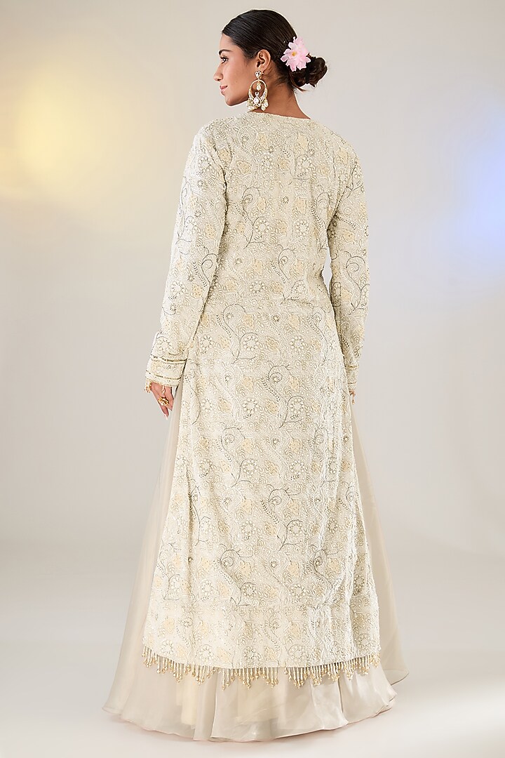 Ivory Pure Georgette Pearl Work Chikankari Jacket Set by Pankaj S Heritage at Pernia's Pop Up Shop